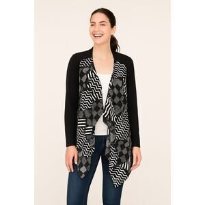 Style & Co Cardigan Women Large Black White Open Waterfall Geometric Long Sleeve